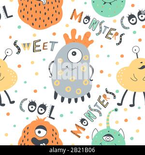 Cute modello senza cuciture con mostri e frasi in stile doodle. Sfondo scandinavo per bambini perfetto per tessuti, involucri, tessuti. Illustrazione Vettoriale