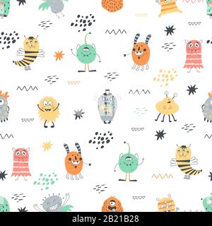 Cute modello senza cuciture con mostri in stile doodle. Sfondo scandinavo per bambini perfetto per tessuti, involucri, tessuti. Illustrazione Vettoriale