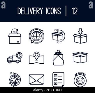 12 linea stile icona Set design, logistica di consegna trasporto trasporto spedizione servizio magazzino settore e tema globale illustrazione vettore Illustrazione Vettoriale