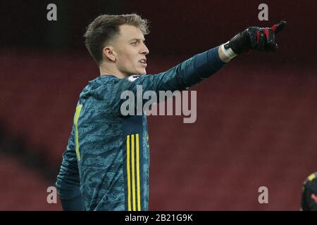 Londra, Regno Unito. 28th Feb, 2020. Matt Macey dell'Arsenal u23 durante la partita della Premier League 2 tra l'Arsenal Under 23 e Manchester City Under 23 all'Emirates Stadium di Londra sabato 29th febbraio 2020. (Credit: Jacques Feeney | MI News) La Fotografia può essere utilizzata solo per scopi editoriali di giornali e/o riviste, licenza richiesta per uso commerciale Credit: Mi News & Sport /Alamy Live News Foto Stock