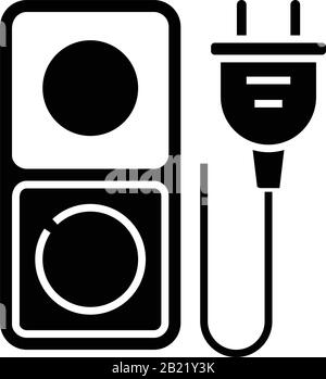 Icona nera delle prese elettriche, illustrazione concettuale, simbolo piatto vettoriale, simbolo glifo. Illustrazione Vettoriale