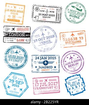 Raccolta Di Francobolli Passport Isolati su bianco. Illustrazione Vettoriale. Partenza da Diversi Paesi e città. Delhi. Londra. New York. Mosca. Parigi. Illustrazione Vettoriale