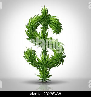 Il concetto di commercio di cannabis e di industria di marijuana come foglie modellate come segno di dollaro in uno stile di illustrazione 3D. Foto Stock
