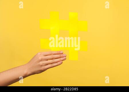 Closeup di mano femminile che tiene grande grande giallo hashtag simbolo di tendenze del Internet, segno di hash, blogging e popolarità nella rete sociale dei media. Isolato Foto Stock