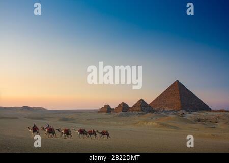 egitto cairo giza vista panoramica delle piramidi al tramonto, alba con cammello beduino caravane Foto Stock