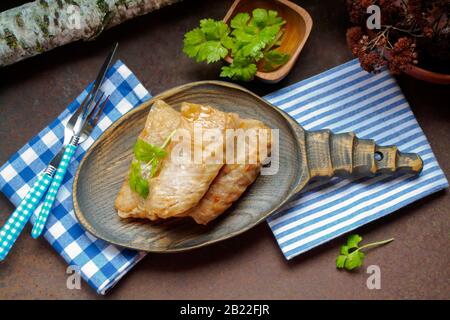 Foglie di cavolo farcite con carne macinata e riso, cucina russa, immagine piatta Foto Stock