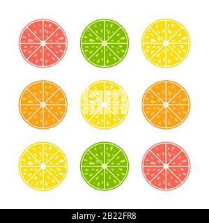 Set di metà colorate isolate di frutta che bagna la bocca su uno sfondo bianco. Succosa, luminosa, deliziosa cucina tropicale. Lime, limone, pompelmo, arancio Illustrazione Vettoriale