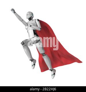 robot da cyborg o eroina per supereroi con mantello rosso che rende 3d Foto Stock