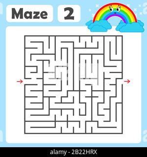 Un labirinto quadrato. Gioco di sviluppo per i bambini. Illustrazione Isolata Vector Flat Colorata. Con un simpatico cartone animato arcobaleno. Illustrazione Vettoriale