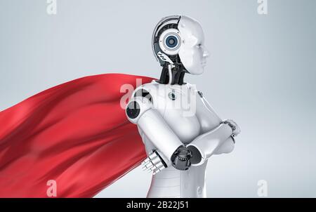 robot da cyborg o eroina per supereroi con mantello rosso che rende 3d Foto Stock