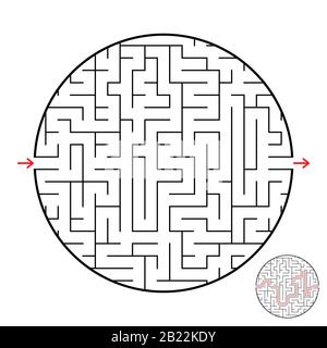 Un labirinto circolare con un ingresso e un'uscita. Semplice immagine vettoriale piatta isolata su sfondo bianco. Con la risposta. Illustrazione Vettoriale