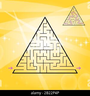 Un labirinto triangolare, una piramide con un colpo nero. Un gioco per bambini. Una semplice illustrazione vettoriale piatta isolata su uno sfondo colorato. Con t Illustrazione Vettoriale