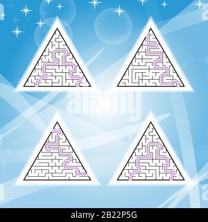 Una serie di quattro labirinti triangolari con una corsa nera. Un gioco per bambini. Una semplice illustrazione vettoriale piatta isolata su uno sfondo colorato. Con Illustrazione Vettoriale