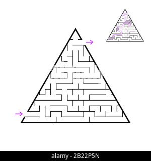 Un labirinto triangolare, una piramide con un colpo nero. Un gioco per bambini. Semplice immagine vettoriale piatta isolata su sfondo bianco. Con gli ans Illustrazione Vettoriale