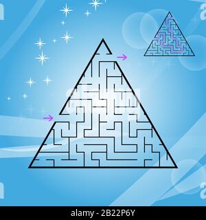 Un labirinto triangolare, una piramide con un colpo nero. Un gioco per bambini. Una semplice illustrazione vettoriale piatta isolata su uno sfondo colorato. Con t Illustrazione Vettoriale