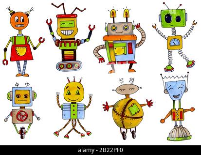 cartoni animati divertenti robot retrò in stile vintage. pennarello disegnato. Foto Stock