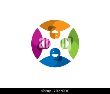 icona colorata e semplice con logo piatto di quattro persone che si esibiscono posizione di rotazione in cerchio completo con ombra adatta per la squadra gruppo di lavoro giunto v Illustrazione Vettoriale