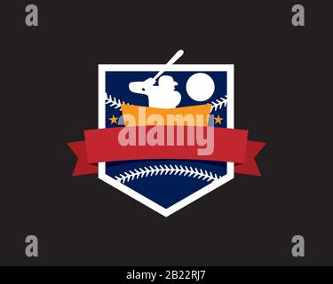 stemma del logo del braccio di basket con l'atleta maschile tenere la mazza pronta a colpire la palla all'interno della protezione angolare affilata con nastro Illustrazione Vettoriale