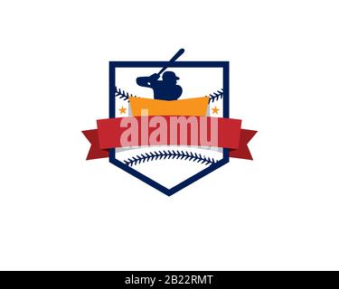 stemma del logo del braccio di basket con l'atleta maschile tenere la mazza pronta a colpire la palla all'interno della protezione angolare affilata con nastro Illustrazione Vettoriale