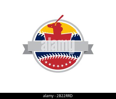 stemma del logo del braccio di basket con l'atleta maschile tenere il pipistrello pronto per colpire la palla all'interno forma rotonda di palla con nastro Illustrazione Vettoriale