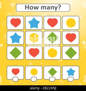 Gioco per bambini in età prescolare. Contare tutte le forme geometriche nell'immagine e annotare il risultato. Con un posto per le risposte. Semplice piatto isolato v Illustrazione Vettoriale