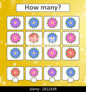 Contare il gioco per bambini prescolare per lo sviluppo di abilità matematiche. Contare il numero di oggetti nell'immagine. Con un posto per answe Illustrazione Vettoriale