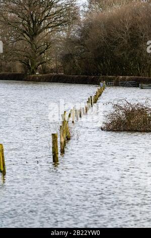 La campagna allagata vicino al villaggio di Melverley, Shropshire dopo il fiume Severn scoppiò le sue banche causando la peggiore inondazione di thew per 20 anni Foto Stock
