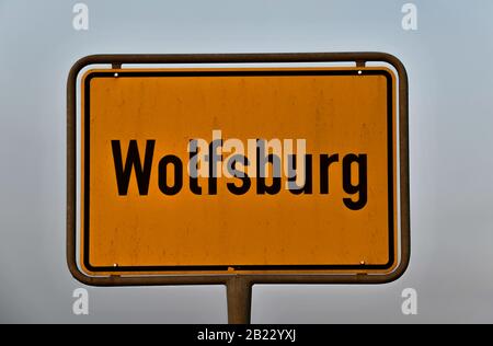 Ortsschild, Wolfsburg, Niedersachsen, Deutschland Foto Stock