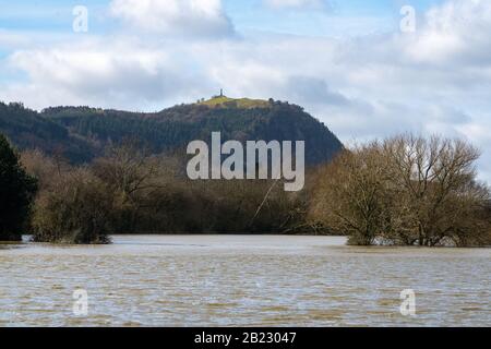 La campagna allagata vicino al villaggio di Melverley, Shropshire dopo il fiume Severn scoppiò le sue banche causando la peggiore inondazione di thew per 20 anni Foto Stock