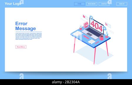 Messaggio di errore modello pagina di destinazione isometrica. 404 pagina web di errore con spazio di testo. Server non trovato, notifica collegamento interrotto sul display del laptop Illustrazione Vettoriale
