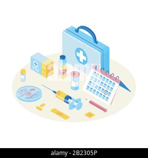 Illustrazione dei vettori di colore isometrici delle apparecchiature mediche. Immunizzazione, inoculazione, vaccinazione. Protezione del vaccino. Siringa, flacone di vaccino, matita Illustrazione Vettoriale