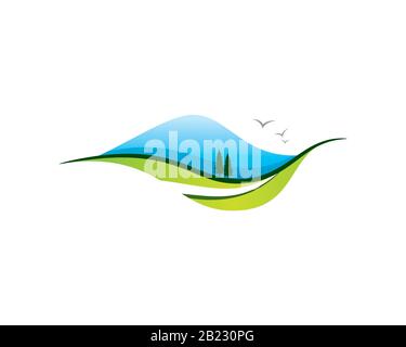 blu montagna colline prato e fiume paesaggio naturale con uccelli Illustrazione Vettoriale