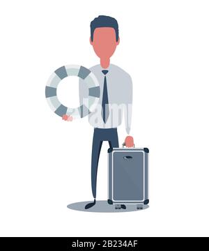 Uomo d'affari o impiegato. Personaggio maschile in stile semplice alla moda con oggetti, illustrazione vettoriale piatta. Illustrazione Vettoriale
