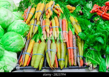 Assortimento di cavolo, carote arcobaleno, spinaci e ravanelli in mostra al Farmers Market di Puyallup, Washington, America. Colorate sorgenti fresche Foto Stock