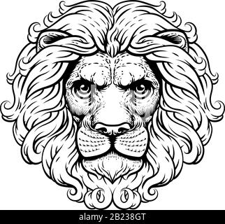 Leone Leone Feroce Lions Head Woodcut Animal Icona Illustrazione Vettoriale