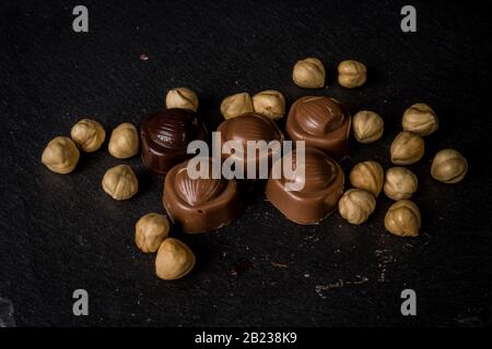 Cioccolatini belgi fatti in casa su sfondo scuro Foto Stock