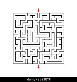 Labirinto quadrato nero con ingresso ed uscita. Un gioco per bambini e adulti. Semplice immagine vettoriale piatta isolata su sfondo bianco Illustrazione Vettoriale