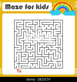 Labirinto quadrato nero con ingresso ed uscita. Con un simpatico cartone animato di un arcobaleno. Semplice immagine vettoriale piatta isolata su sfondo bianco Illustrazione Vettoriale