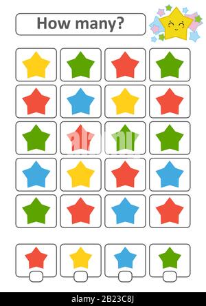 Contare il gioco per bambini prescolare per lo sviluppo di abilità matematiche. Quante stelle di colori diversi. Con un posto per le risposte. Simp Illustrazione Vettoriale