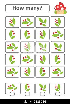 Conteggio gioco per bambini prescolare. Lo studio della matematica. Con un posto per le risposte. Semplice illustrazione vettoriale piatta isolata Illustrazione Vettoriale