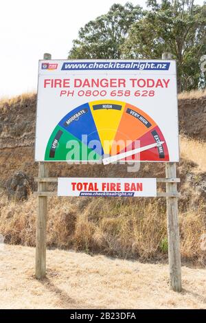 Cartello di pericolo incendio sopra Le Strade di Sumner e Summits, Sumner, Christchurch, Canterbury Region, New Zealand Foto Stock