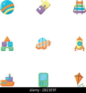 set di giocattoli per bambini icone stile piatto Illustrazione Vettoriale