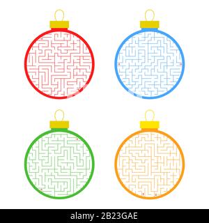 Labirinto. Giocattolo albero di Natale. Una serie di quattro opzioni. Semplice immagine vettoriale piatta isolata su sfondo bianco Illustrazione Vettoriale