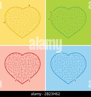 Cuore labirinto. Una serie di quattro opzioni. Una semplice illustrazione vettoriale piatta isolata su uno sfondo rosso. Un interessante gioco per bambini e adolescenti Illustrazione Vettoriale