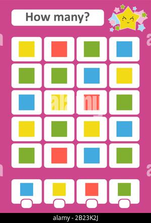 Conteggio gioco per bambini prescolare. Lo studio della matematica. Quanti oggetti nella foto. Piazze colorate. Con un posto per le risposte. Semplice fl Illustrazione Vettoriale