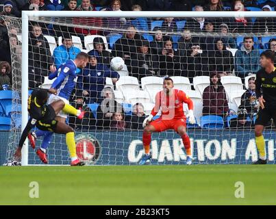 Cardiff City Stadium, Cardiff, Glamorgan, Galles, Regno Unito. 29th Febbraio 2020; Cardiff City Stadium, Cardiff, Glamorgan, Galles; Campionato Inglese Calcio, Cardiff City contro Brentford; Joe Ralls di Cardiff City vince la testata per segnare l'equalizzatore che lo rende 2-2 in 45 1 minuto - Rigorosamente editoriale Solo Uso. Nessun utilizzo con audio, video, dati, elenchi di fixture, logo club/campionato o servizi "live" non autorizzati. Uso on-line in-match limitato a 120 immagini, senza emulazione video. Non utilizzare in scommesse, giochi o singole pubblicazioni club/campionato/giocatore Foto Stock