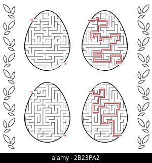 Una serie di labirinti sotto forma di uova. Corsa Nera. Un gioco per bambini. Con la risposta. Semplice illustrazione vettoriale piatta isolata su backgro bianco Illustrazione Vettoriale