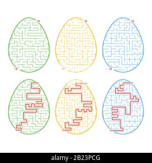 Una serie di labirinti sotto forma di uova. Un tratto di colori diversi. Un gioco per bambini. Con la risposta. Semplice illustrazione vettoriale piatta isolata Illustrazione Vettoriale