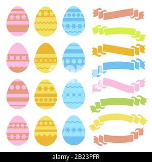 Set di uova di Pasqua isolate colorate e banner a nastro su sfondo bianco. Con un pattern astratto. Semplice illustrazione del vettore piatto. Adatto per de Illustrazione Vettoriale