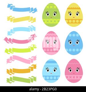 Set di uova di Pasqua dolci colorate isolate e banner a nastro su sfondo bianco. Con un pattern astratto. Semplice illustrazione del vettore piatto. Adatto Illustrazione Vettoriale